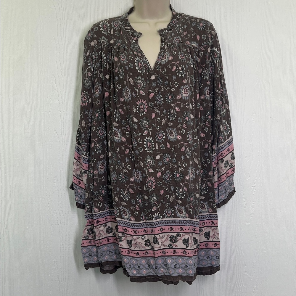 Natural Life - Colorful Burnt Out Floral V Neck Long Sleeve Bohemian Blouse Sm - Picture 2 of 13